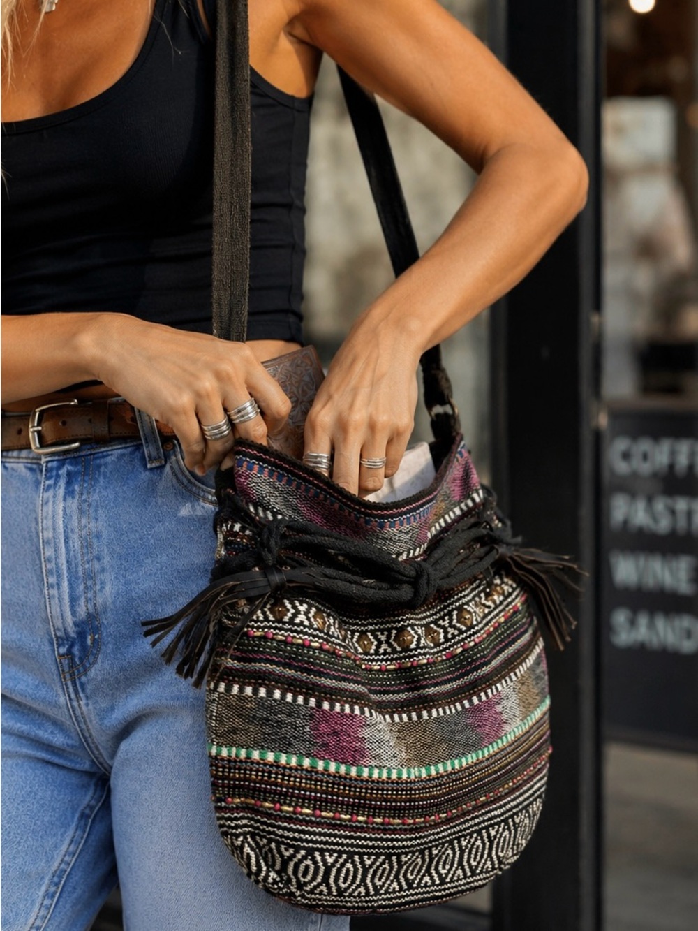 World Market Boho Crochet Knit Beaded Bucket Bag Multicolor